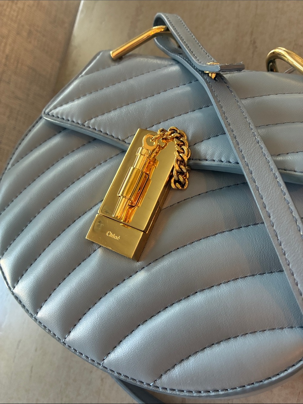 Chloe Light Blue Quilted Leather  Drew Bijou Crossbody with Gold Hardware - Picture 7 of 10